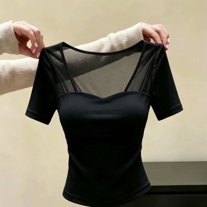 Camiseta francesa pura desejo estilo retrô costura gaze Design gola quadrada manga curta