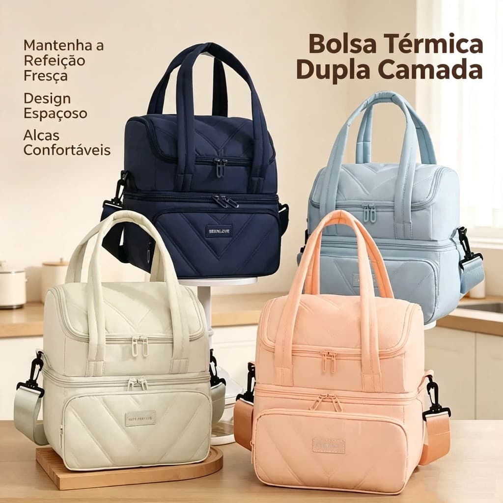 Lancheira Térmica Matelassê Unissex, Bolsa Marmita Dois Compartimentos com Alça Removível, Várias Cores