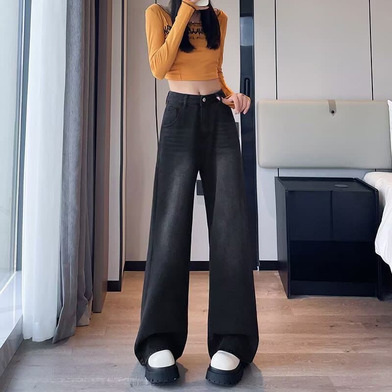 Plus Size feminino preto reto Jeans feminino cintura alta mais magro olhar solto calças de perna larga calças femininas