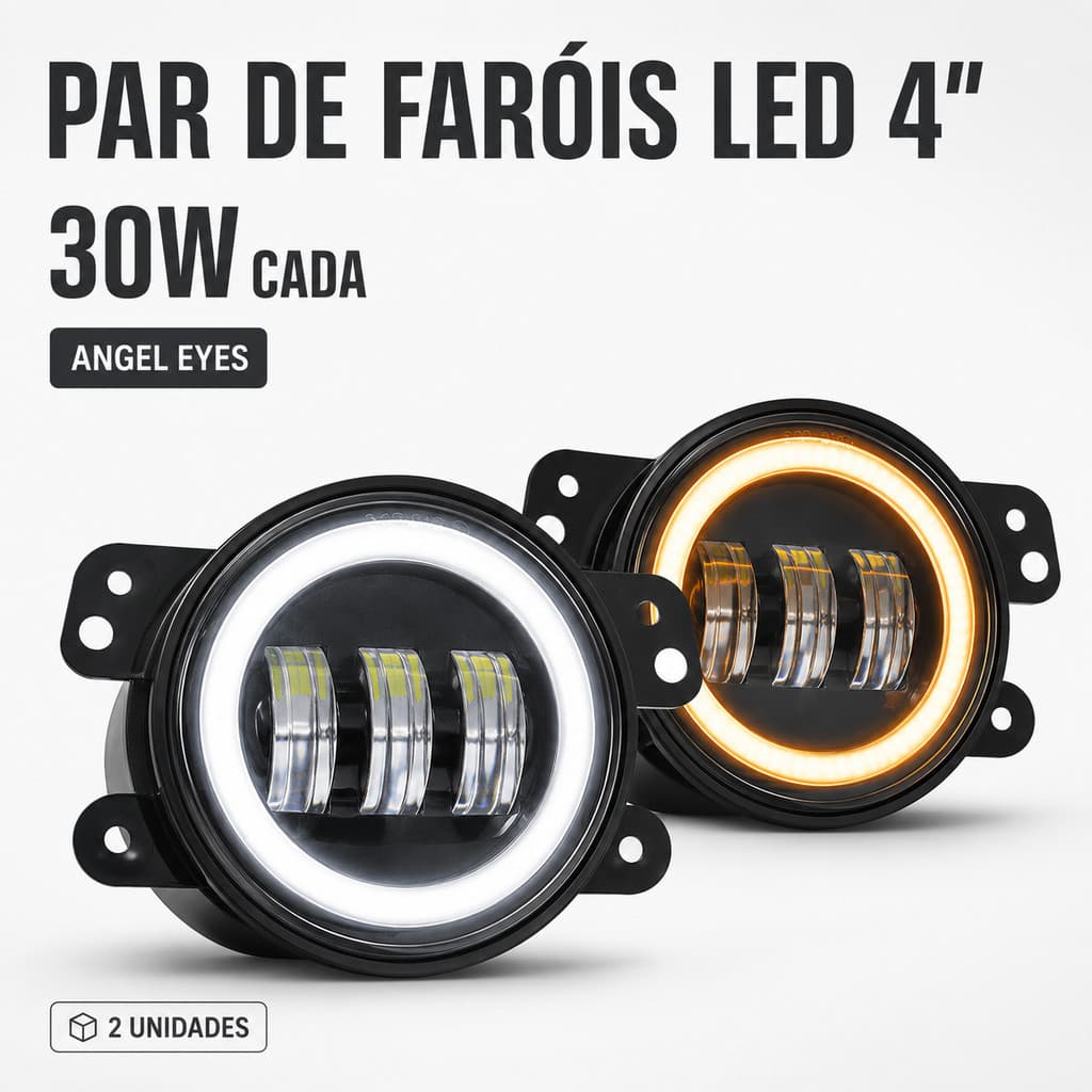 Kit 2 Faróis Auxiliares LED 4” 30W Angel Eyes DRL Seta Âmbar IP68 12V-24V Universal
