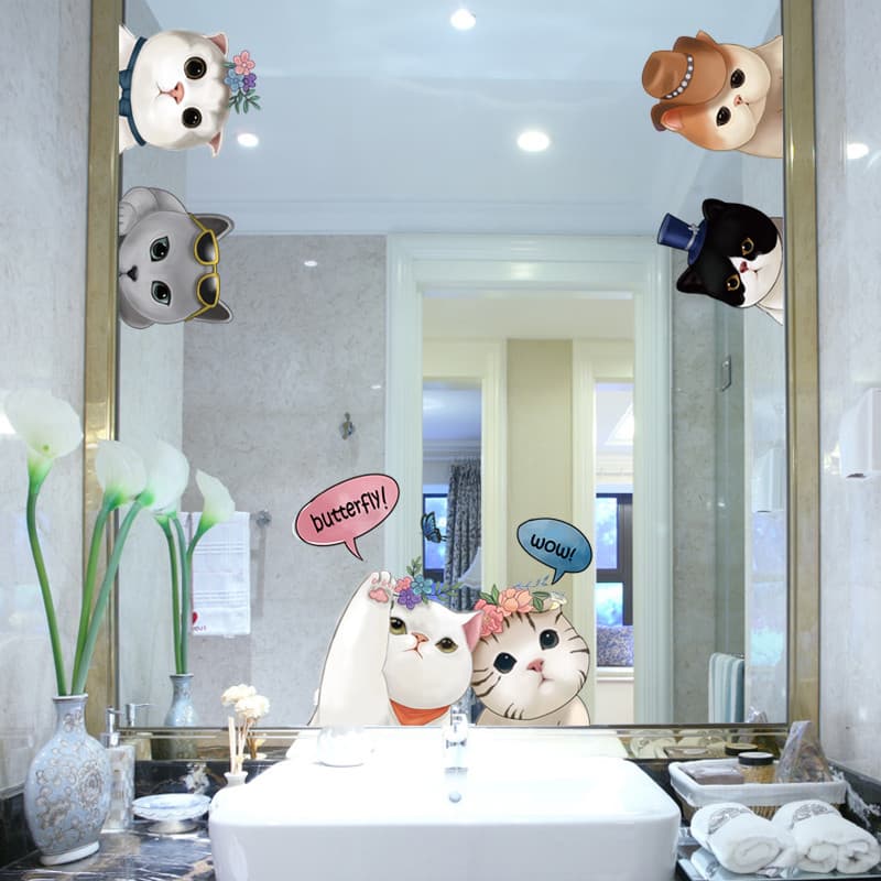 3d tridimensional banheiro espelho de banheiro dos desenhos animados gato adesivo de parede espelho borda decoração auto