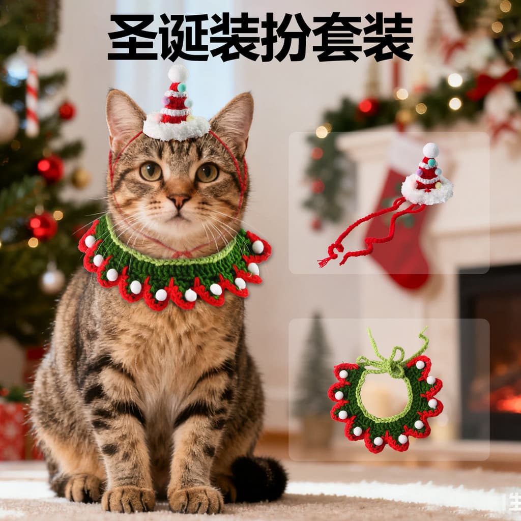 Novo estilo animal de estimação natal malha chapéu babador Saliva toalha conjunto acessórios para animais de estimação s