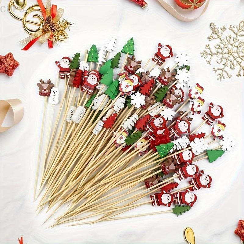 [CU] 100 Unidades De Espetos Festivos De Frutas De Natal Com Designs De Papai Noel , Floco De Neve E Árvores-De Bambu De