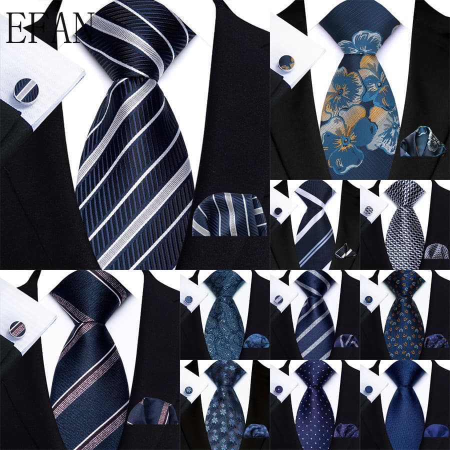 Luxo Azul Marinho Real Masculino Gravata Lenço Bolso Quadrado Abotoaduras Conjunto Jacquard Tecido 8cm Para Casamento Ne