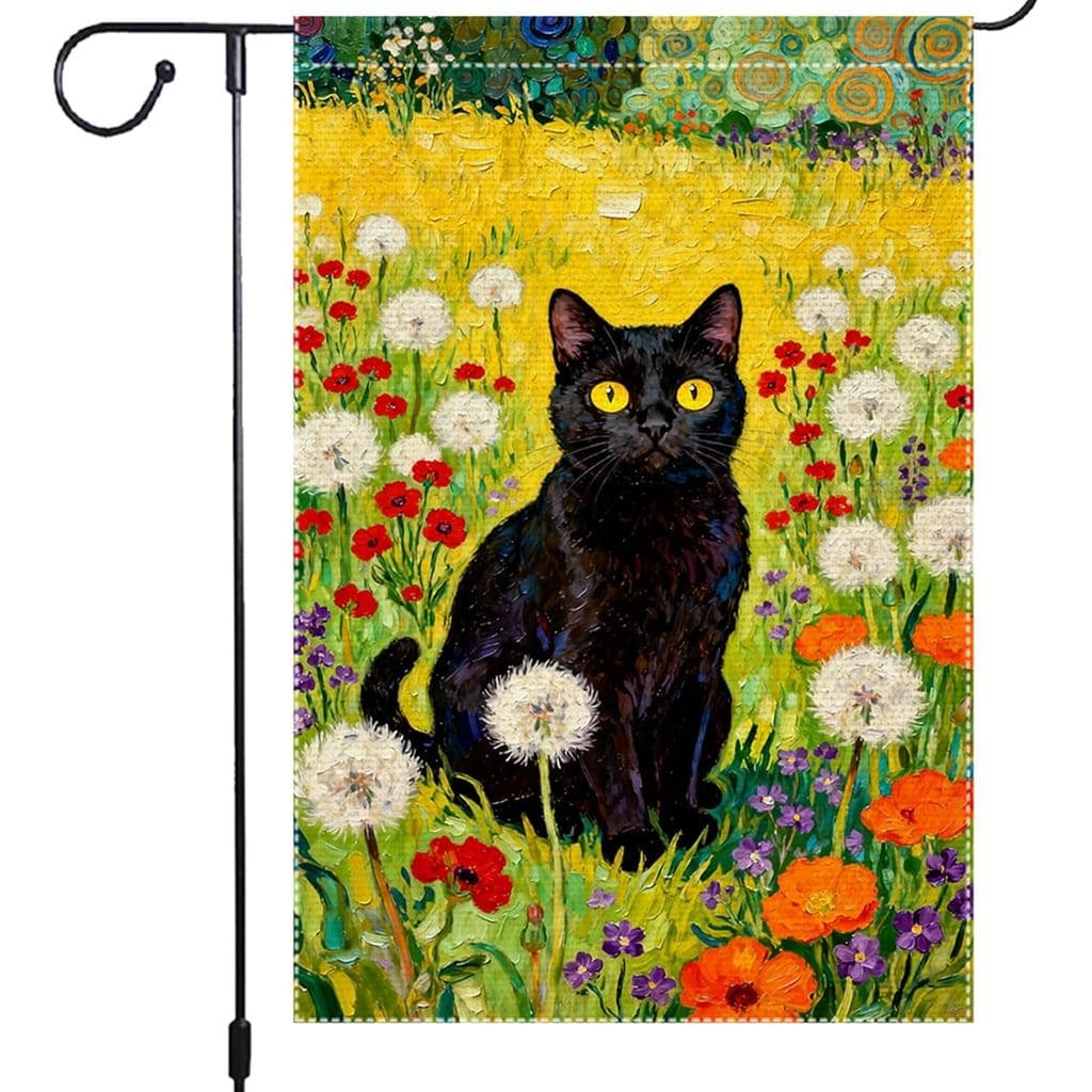 Bandeira de Jardim com Gato Preto na Primavera em Campo de Flores 12x18 Polegadas Dupla Face com Dente-de-leão, Papoulas