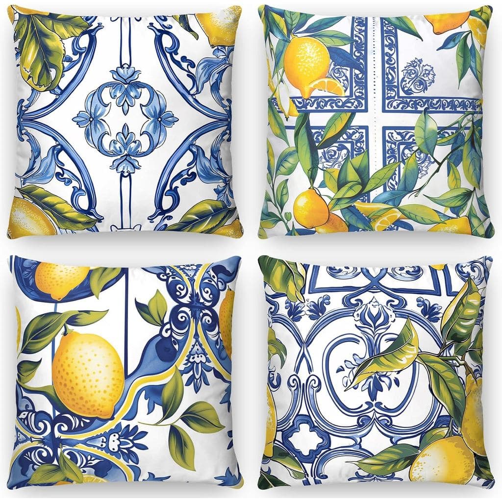 Moukeren 4 Peças Capas de Almofada Azuis com Estampa de Azulejos e Limões 18x18 Polegadas, Capas de Almofada da Costa Am