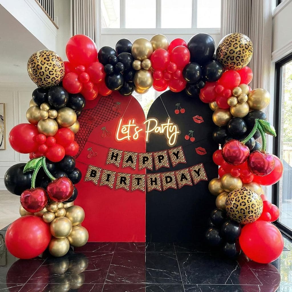 Kit de Arco de Balões Vermelho, Preto e Dourado com 120 Peças, Balões com Estampa de Leopardo, Balões de Folha em Forma