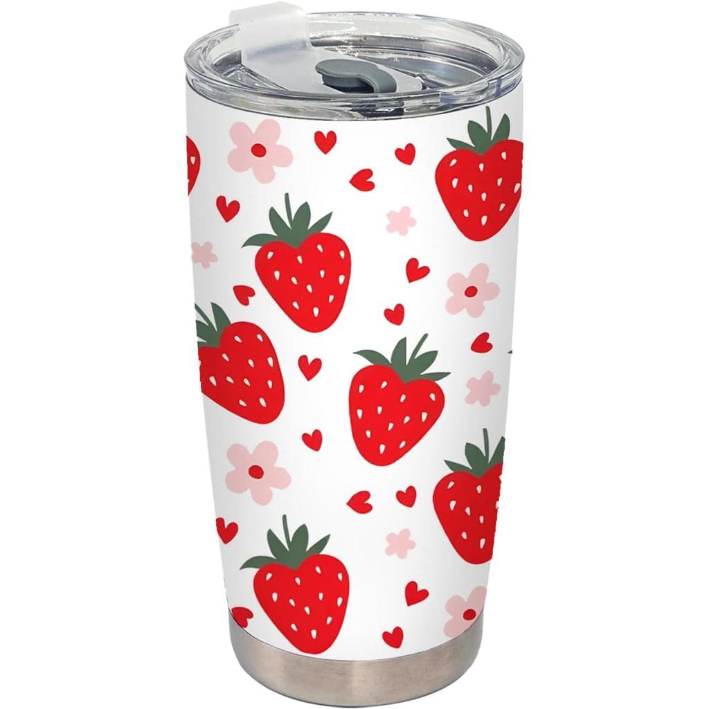 Copo Térmico de Morango - Copo Térmico de Aço Inoxidável com Estampa Floral de Morango, com Tampa e Canudo, 20oz, Bonito