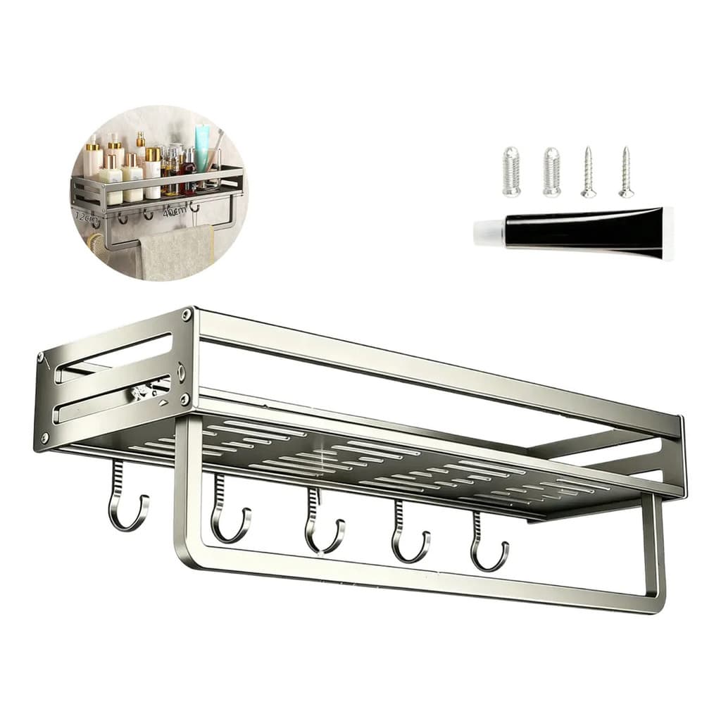 Prateleira Porta Tempero 40cm Alumínio Rack de Parede Organizador Cozinha com Ganchos e Varal para Toalha