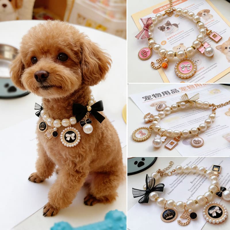 Coleira para Gato Estilo Princesa com Pérolas de Imitação e Colar de Diamantes em Forma de Coração, Acessório para Fotos