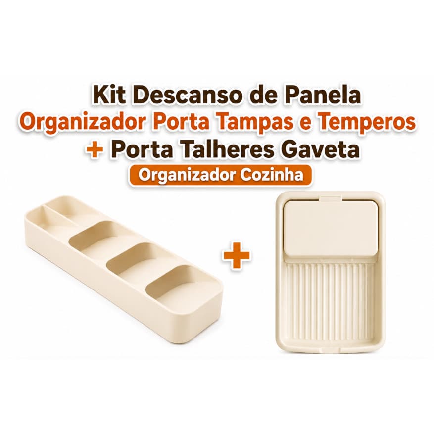 Kit Descanso de Panela Organizador Porta Tampas e Temperos + Porta Talheres Gaveta Cozinha