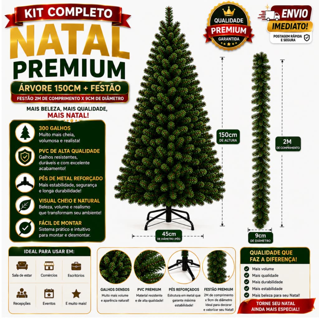 Árvore de Natal Decoração Luxuosa 150 cm 300 Galhos + Festão de Natal 2M 9cm Qualidade Premium Artificial PVC Base Metal