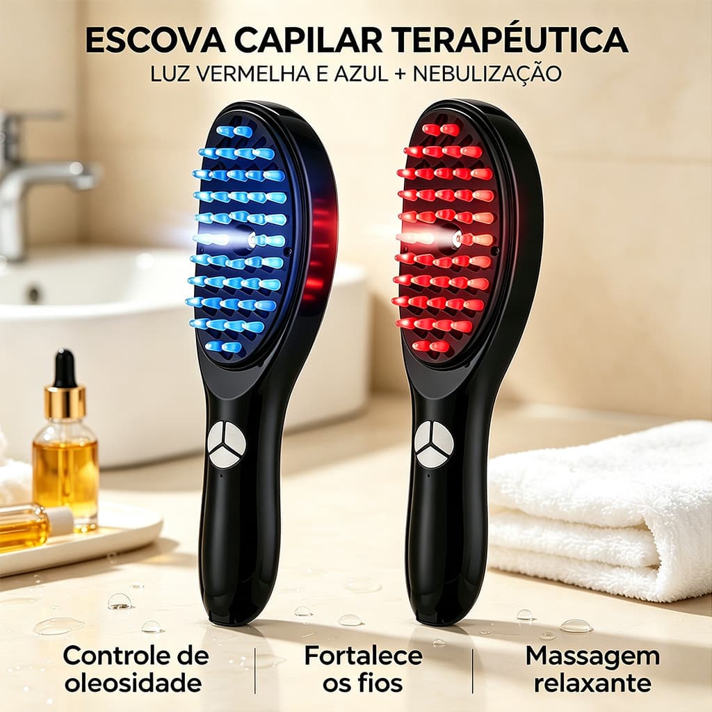 Escova Massageadora Capilar Nebulizadora, Luz Vermelha E Azul Para Couro Cabeludo, Combate Queda E Oleosidade Capilar