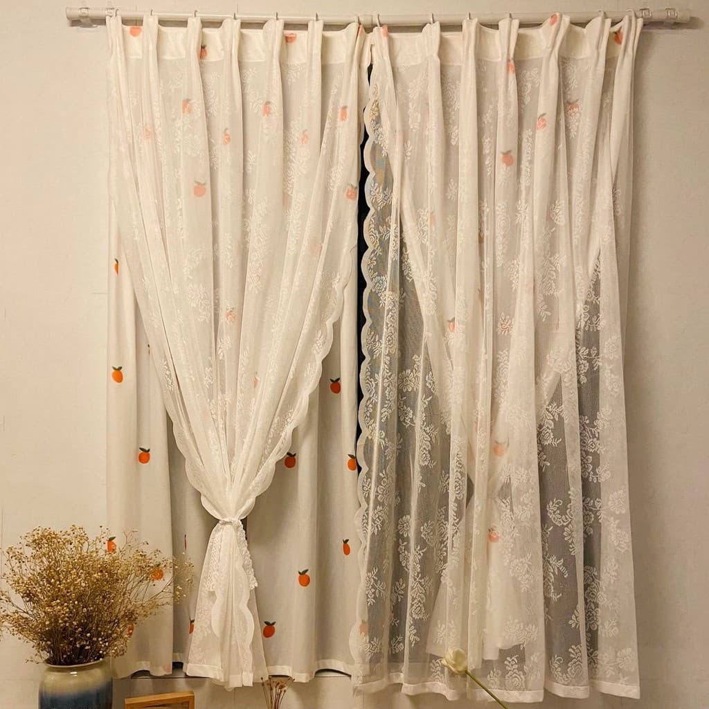 Xiaohongshu pintado à mão laranja Semi-Blackout impermeável cortina de renda de camada dupla sem perfuração cura cortina