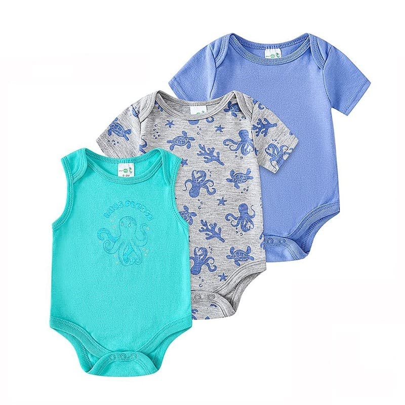 Body Bebê Masculino Kit 3 Peças Estampa Polvo e Animais Marinhos