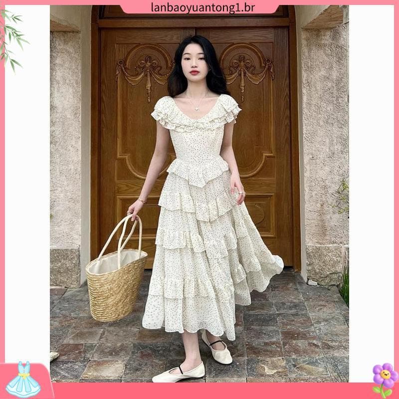 Francês Retro indústria pesada bolinhas cintura estreita bolo vestido feminino 202 3 verão novo estilo cintura alta esti