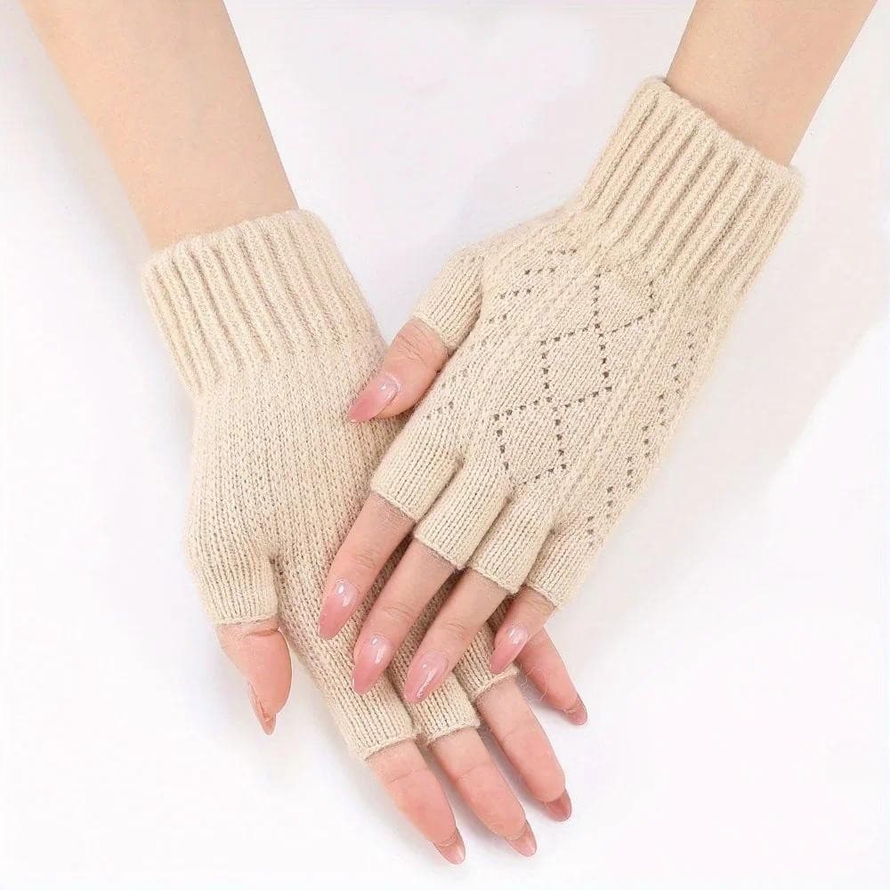 Mink Velo Macio Inverno Meio Dedo Luvas Femininas Quente Sólido Branco Pelúcia Malha Sem Dedos