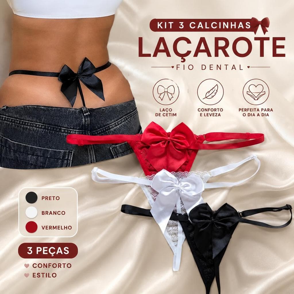 Kit Com 3 Calcinha Fio Dental Com Laçarote De Cetim Rendada Regulável