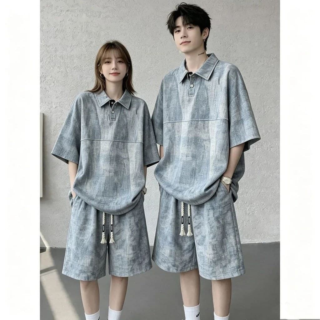 Um conjunto completo de gelo indutivo Tie-Dye Polo terno masculino feminino solto Casual esportes Street Wear emoções