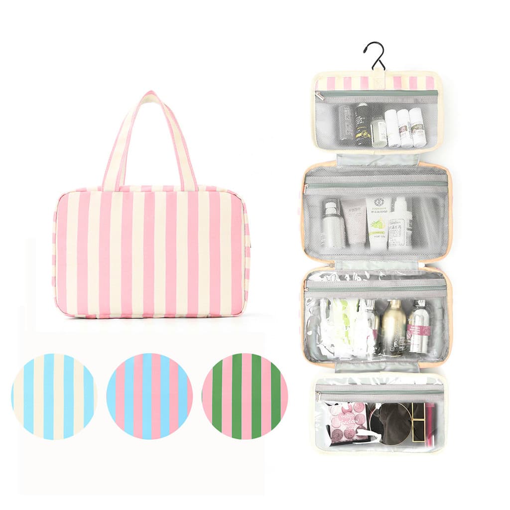 [Recomendado] Bolsa de armazenamento listrada de quatro dobras Bolsa de higiene cosmética com separação seca e úmida