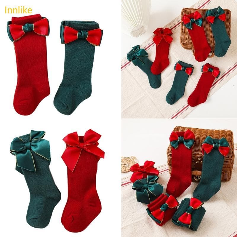 Innlike 2 Pares Meias Longas Clássicas Até O Joelho, Temáticas Natal Laço Para Bebês Meninas 202