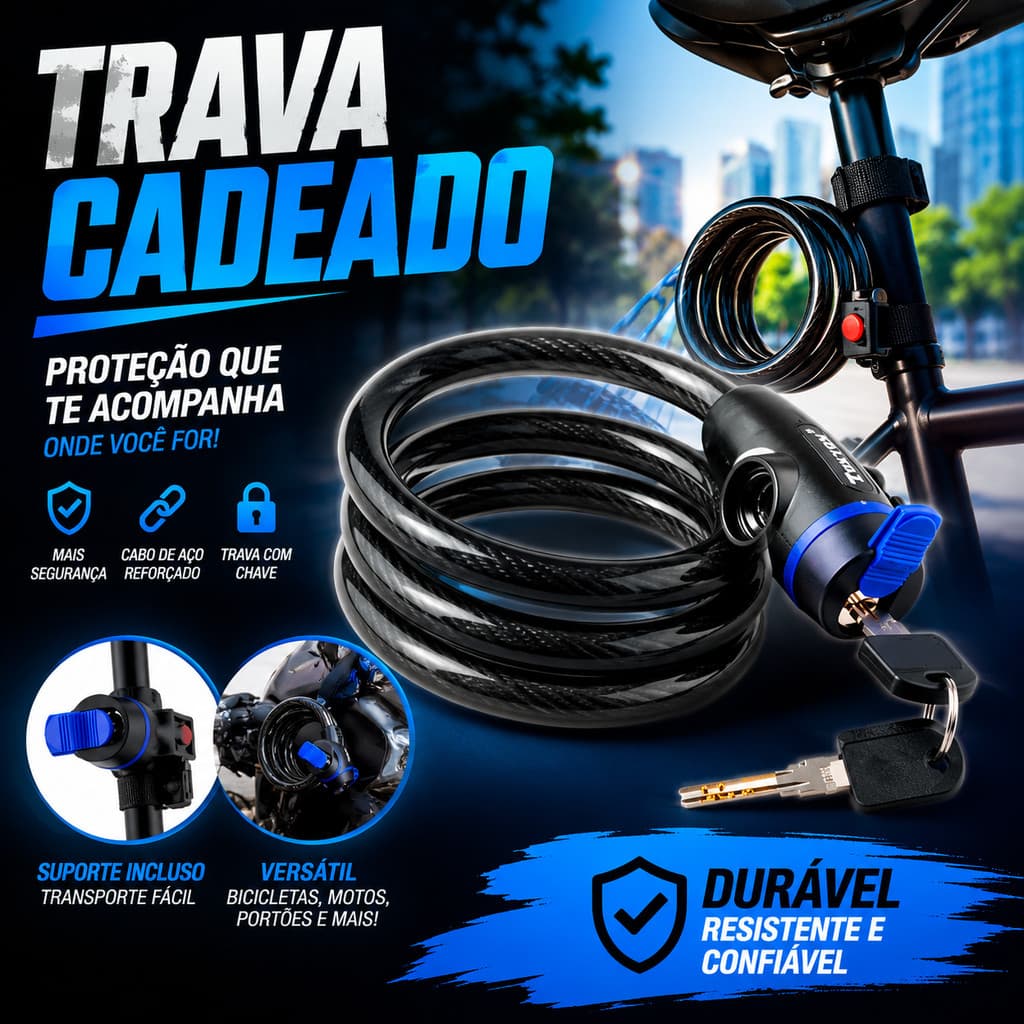 Trava Cadeado com Cabo de Aço para Carro, Moto, Bicicleta e Estepe – Segurança Reforçada
