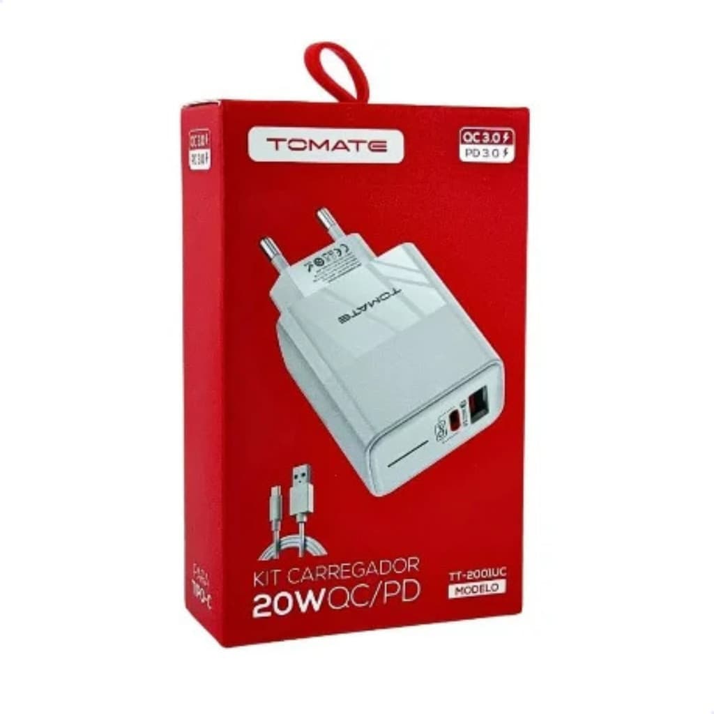 CARREGADOR V8 COM PORTA USB E TYPE-C 20W TOMATE TT-2001UV