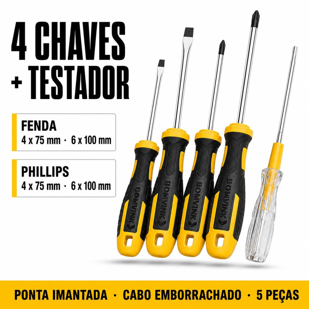 Jogo De Chave De Fenda Phillips com pontas Imantadas e Chave teste de voltagem