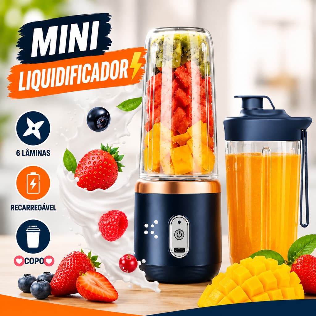 Mini Liquidificador Portátil 6 Lâminas Recarregável para Suco Smoothie Shake