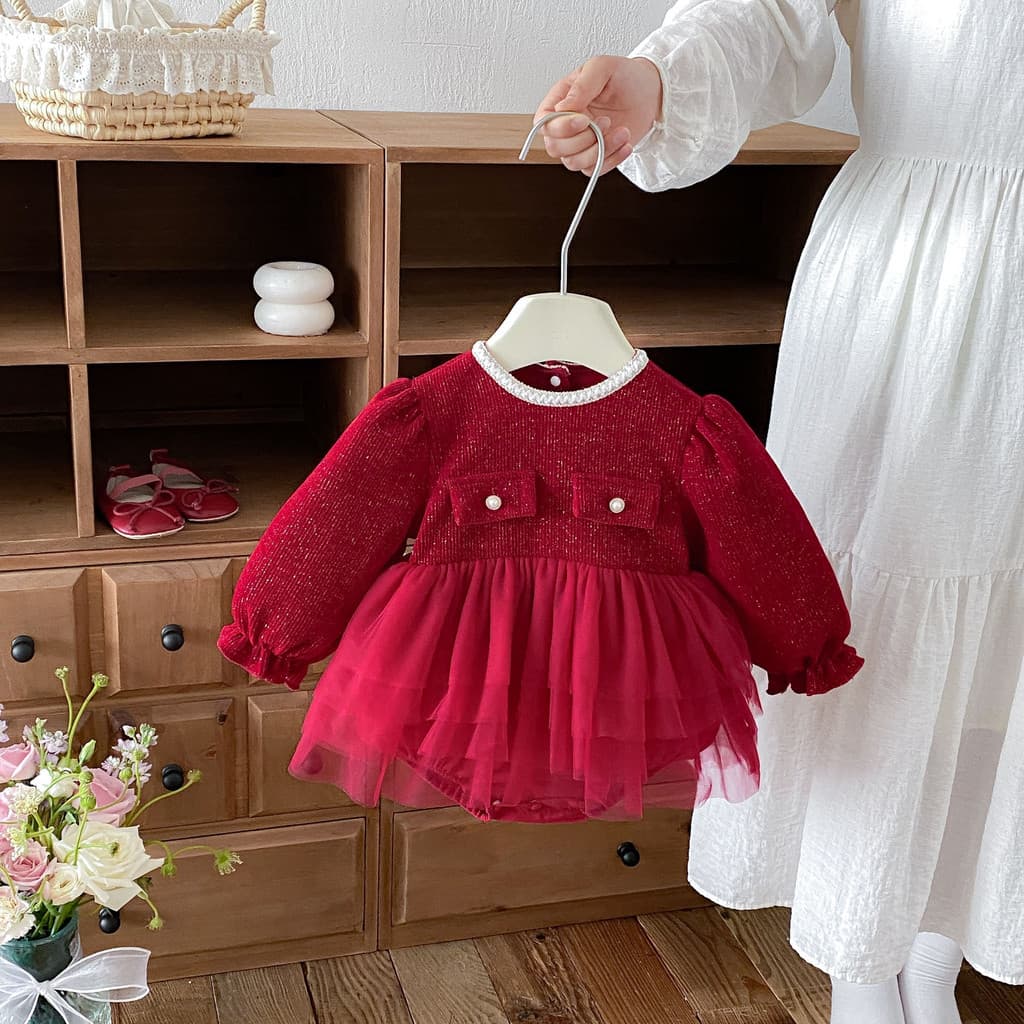 Outono vermelho bebê macacão bebê menina macacão primeiro aniversário vestido recém-nascido roupas infantis pequeno mês