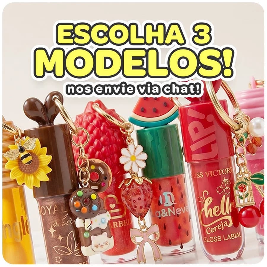ESCOLHA 3 Gloss Labial Chaveiro Lip Oil Hidratante com Brilho Modelos Variados Infantil e Adulto