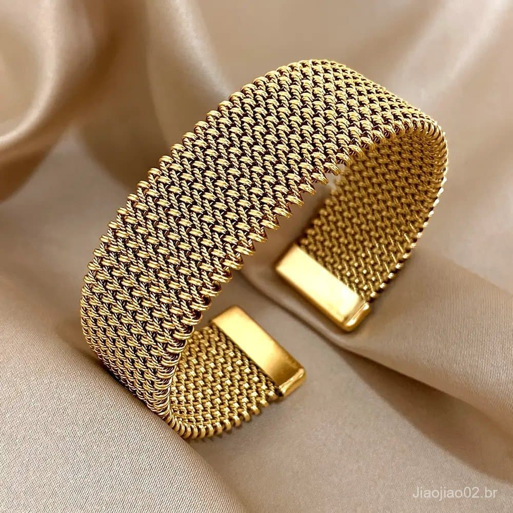 Pulseira de aço titânio com relevo de linhas densas 18k para mulheres, luxo discreto, não desbota, joia para casais.