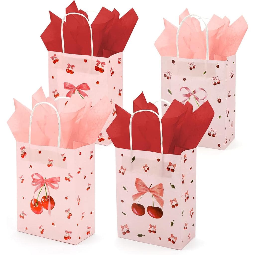 12 Sacolas de Presente com Estampa de Cerejas, Sacolas de Presente Médias com Laço Rosa e Papel de Seda, Decorações de F