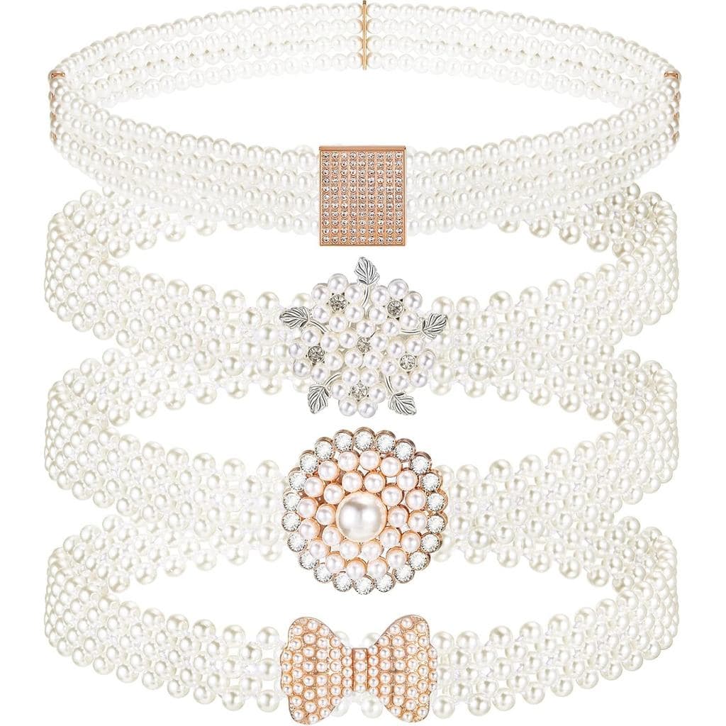 Conjunto de 4 Cintos de Pérolas para Casamento para Mulheres, Cinto de Noiva com Strass, Faixa de Cintura com Cristais e