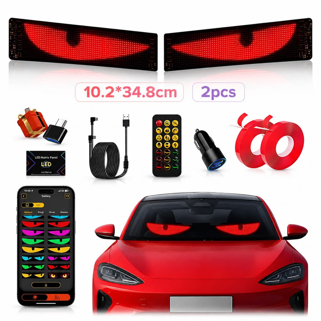 Kit 2 Painéis LED Olhos para Carro 10,2x34,8cm Para-brisa Tela Flexível RGB Controle por App USB Letreiro Automotivo