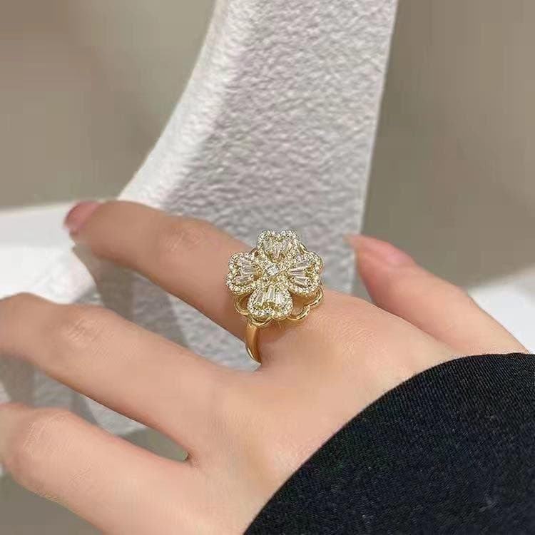 Anel aberto de zircônia com design de flor rotativa, luxo discreto, design minimalista de nicho, acessório feminino para