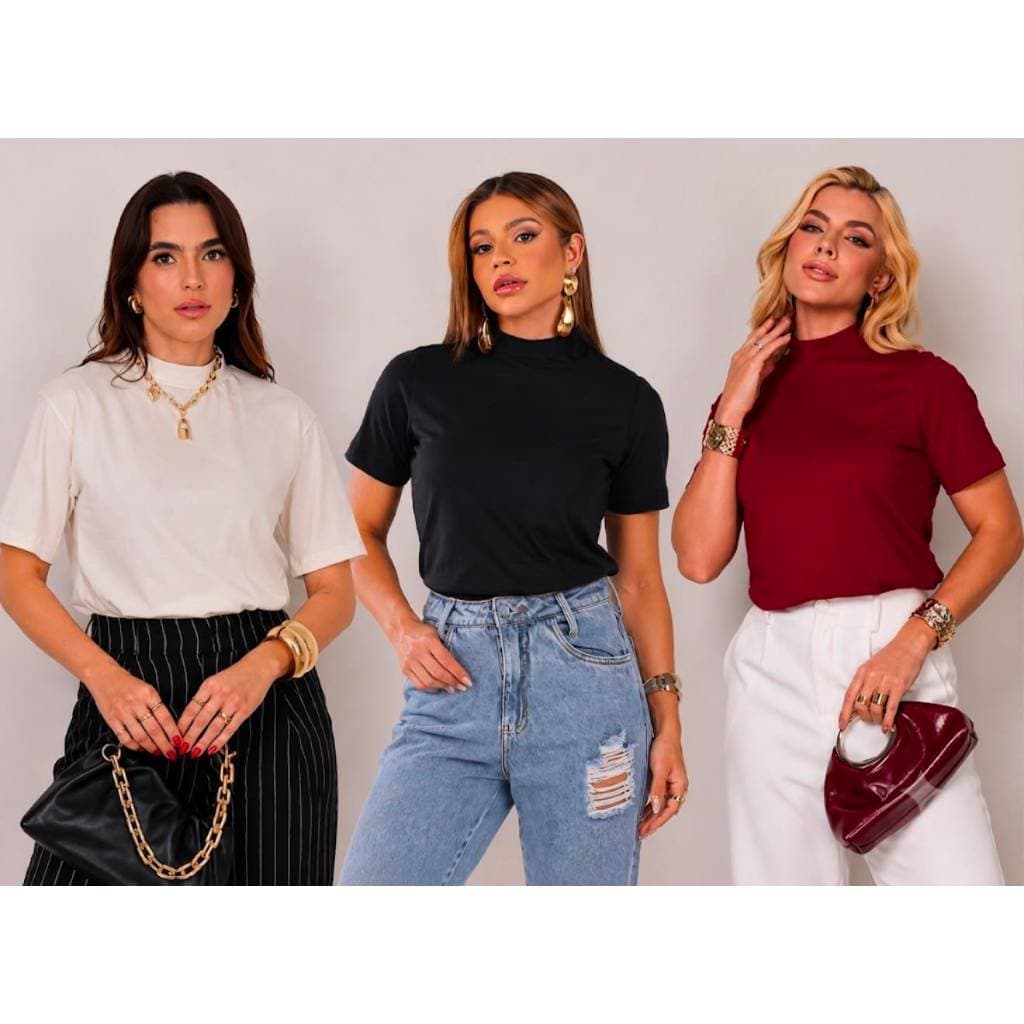 Kit 3 Camisetas Gola Alta Feminina Algodão Penteado Manga Curta Básica Casual Moda Atemporal Premium