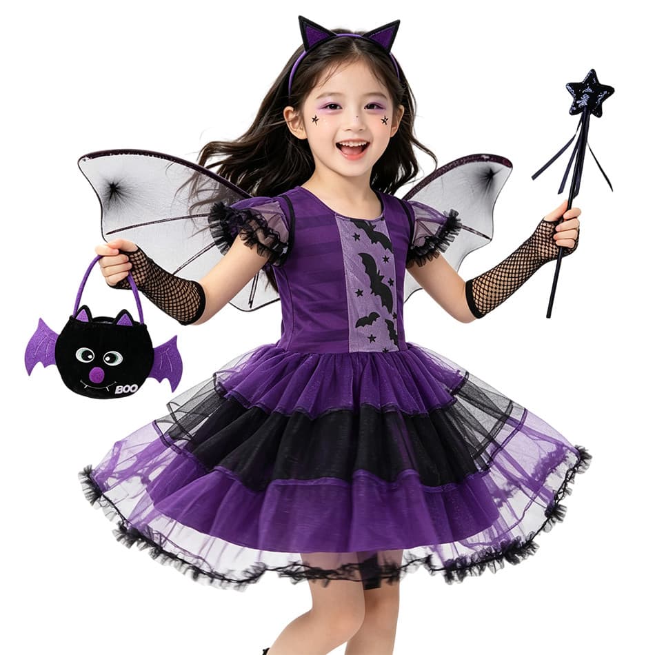 Meninas Roxo Morcego Bruxa Traje De Halloween Conjunto Crianças Cosplay Tutu Vestido Com Asa Bandana Varinha Festa Fanta