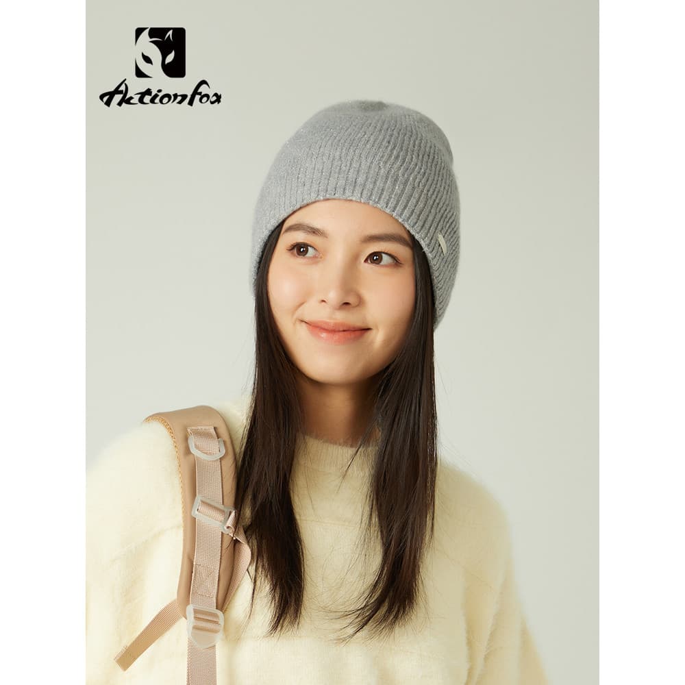 Happy Fox Chapéu de malha fino feminino outono inverno moda chapéu frio chapéu de lã cinza de confinamento na mod