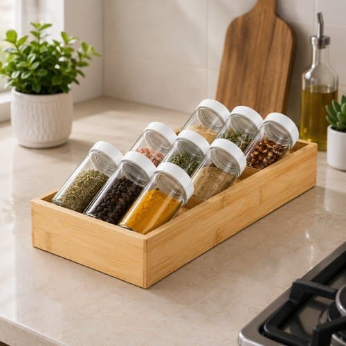 Organizador Porta Tempero Madeira Exclusivo 9 Potes Vidro Reutilizaveis Gaveta Bambu Cozinha Pratica