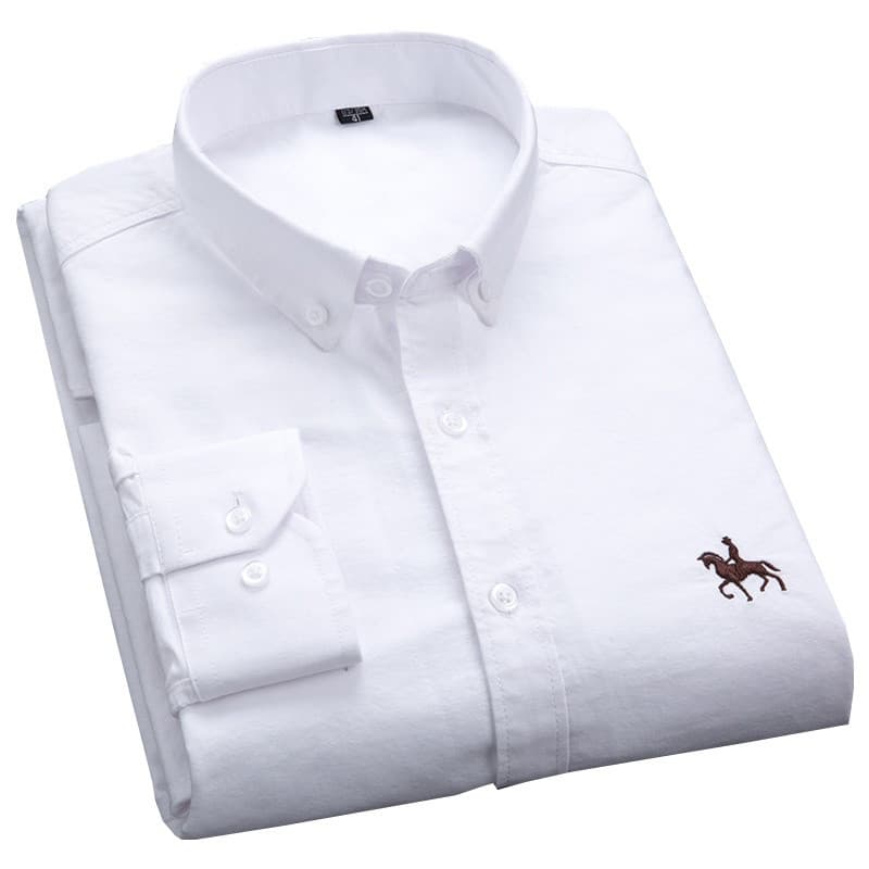 Camisa Casual Masculina de Manga Longa 100% Algodão Oxford, Bordada, Corte Regular, Modelo 0174