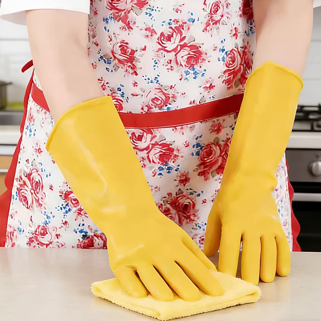 Luvas longas de cor de tendão de carne de couro de plástico grosso feminino cozinha lavar louça trabalho doméstico à pro