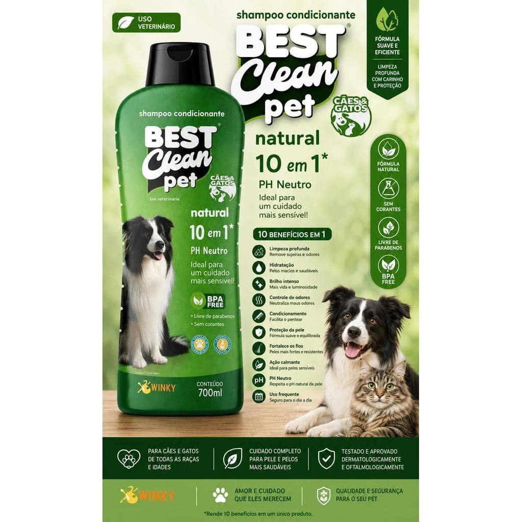 Shampoo Condicionante Pet 10 em 1 700ml PH Neutro Best Clean Pet - Natural para Cães e Gatos, Sem Parabenos