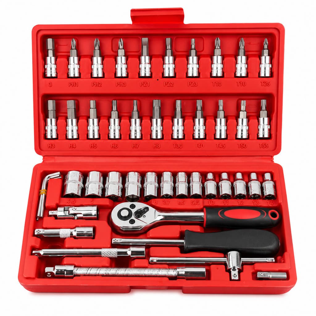 Kit Ferramentas 46 Peças Jogo Soquete Catraca 1/4 Aço CRV Com Maleta Profissional