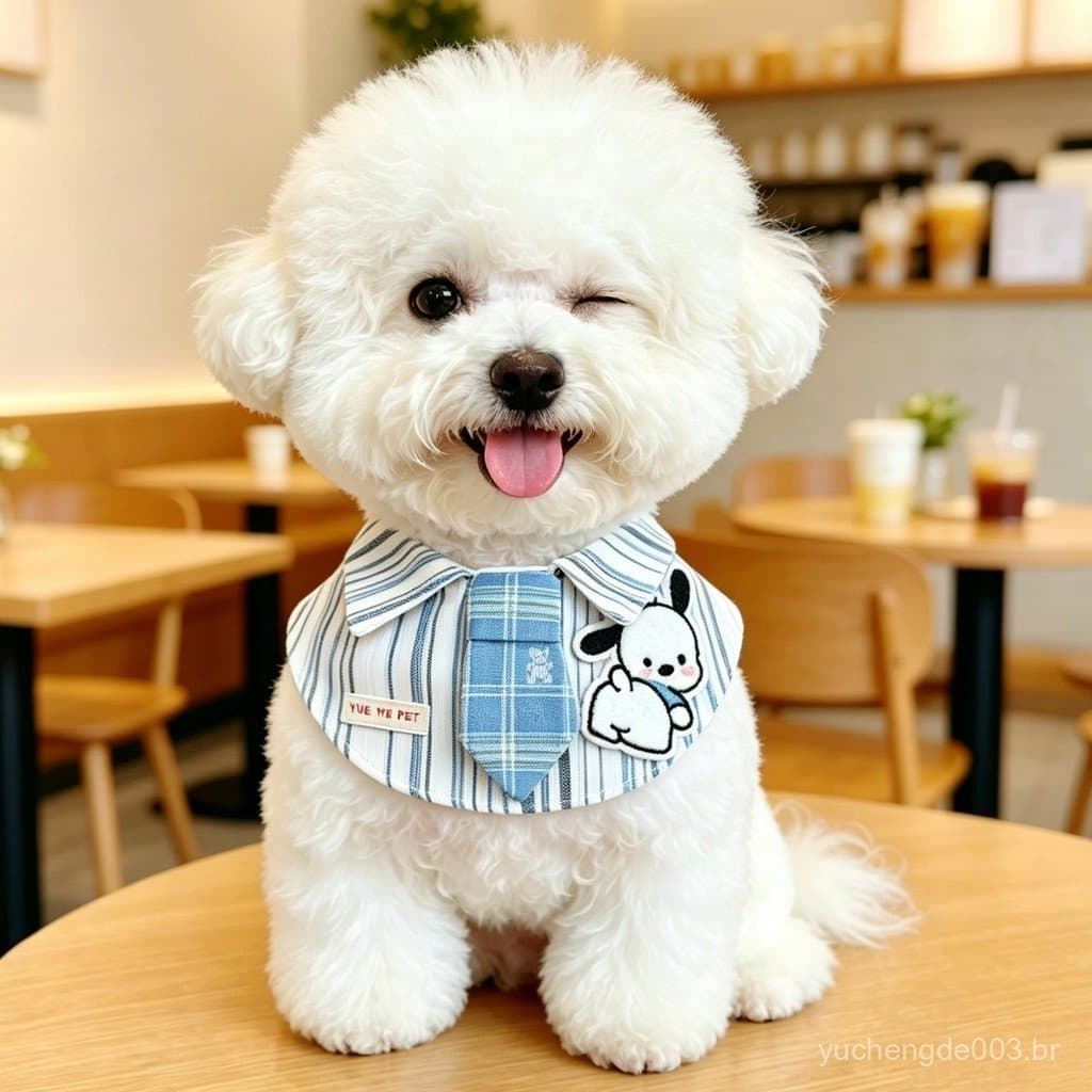 Coleira para Cães e Gatos com Gravata e Babador Listrado Azul Claro Ajustável para Cães Pequenos e Médios, Ideal para Se