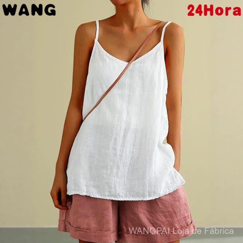Camisola Feminina Solta de Cor Sólida em Algodão e Linho