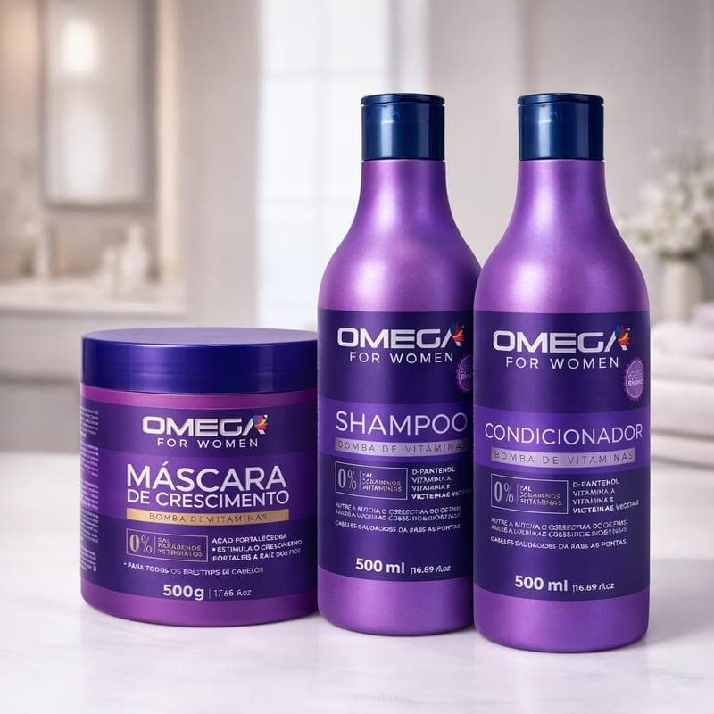 Omega Hair Bomba de Vitaminas Kit Shampoo 500ml + Condicionador 500ml + Máscara 500g - Cuidado Completo para Cabelos