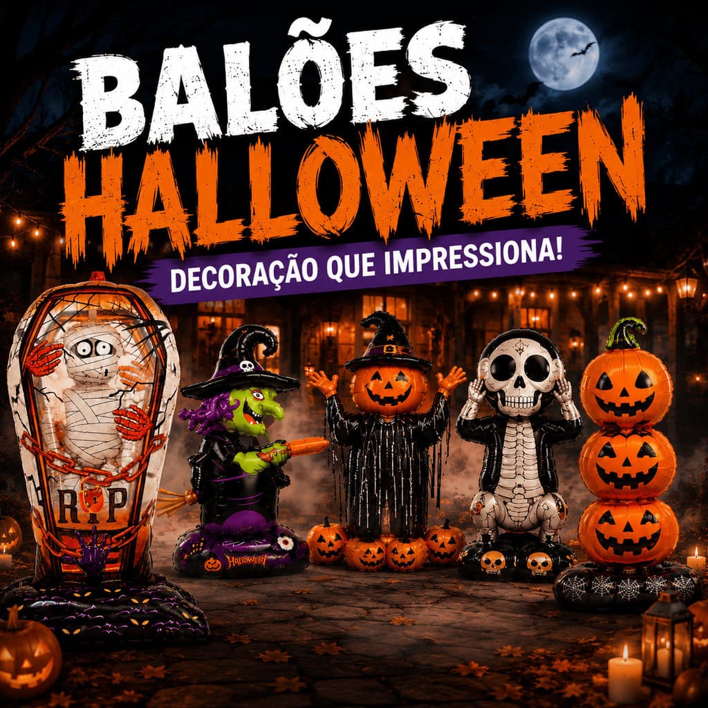 Balão Inflável Gigante Halloween Abóbora Esqueleto Aranha Bruxa com Base ou para Pendurar Decoração de Festa