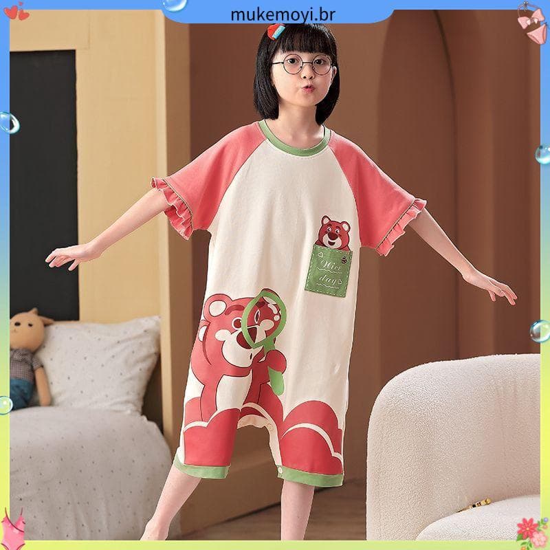 Pijamas infantis macacão de bebê verão estilo fino meninas anti-chute anti-resfriamento de manga curta puro algodão meni