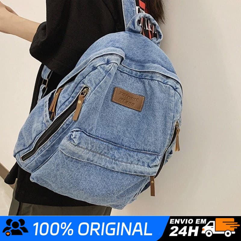 Mochila Escolar Unisex De Mezclilla A La Moda Color-light 32*13*18cm